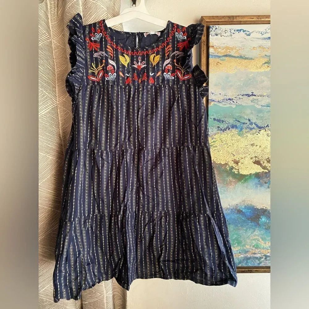 L Love Dress Womens Navy  Embroidered Floral Tunic Pockets Ruffle Lined NWT